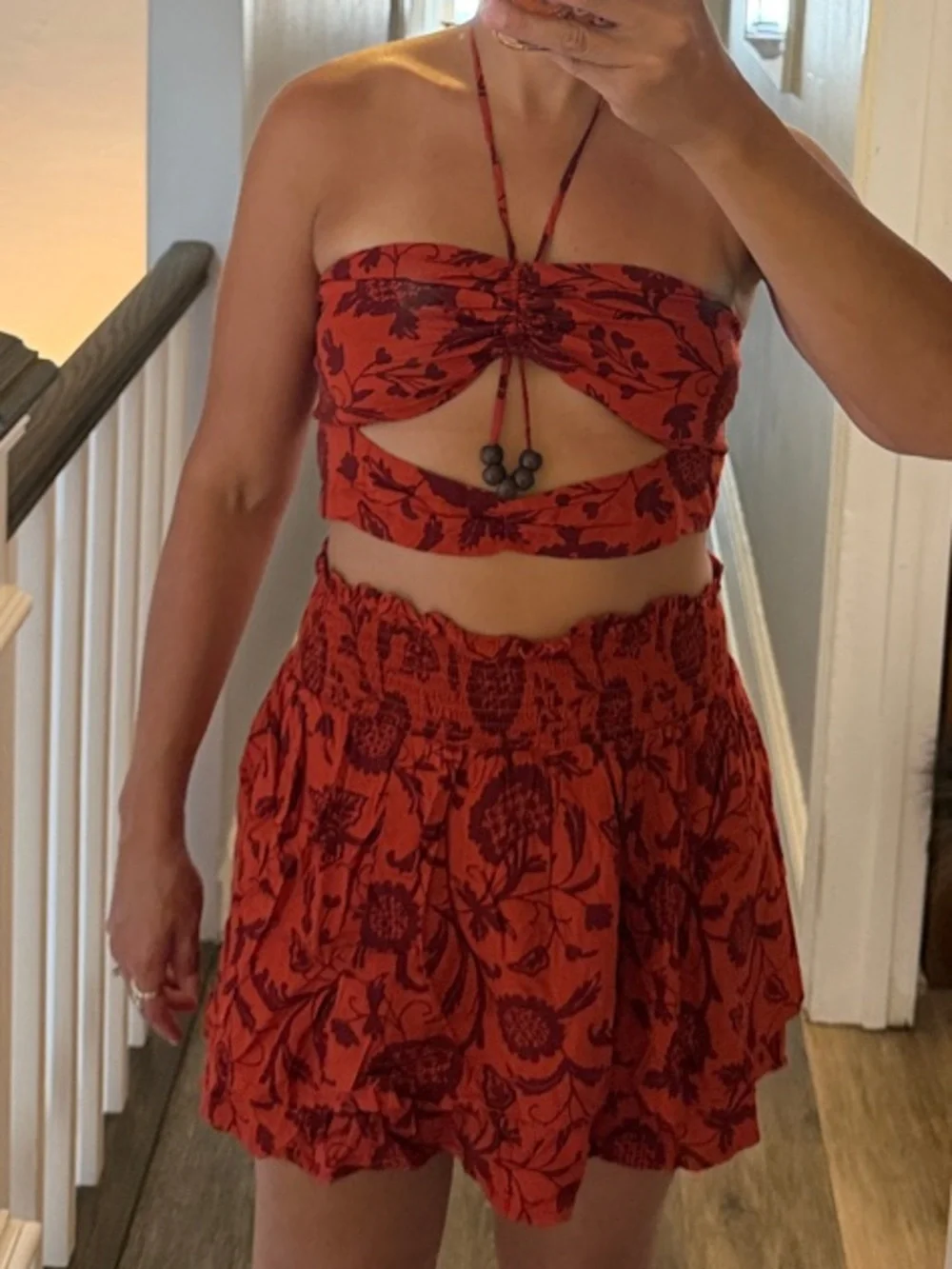 Anthropologie Alaya Rust Red Floral Two-Piece Mini Dress Set